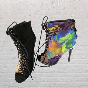PRIVILEGED SHOES -- Peep Toe Booties/Ankle Boots, Dual Patterned, Rear Zip